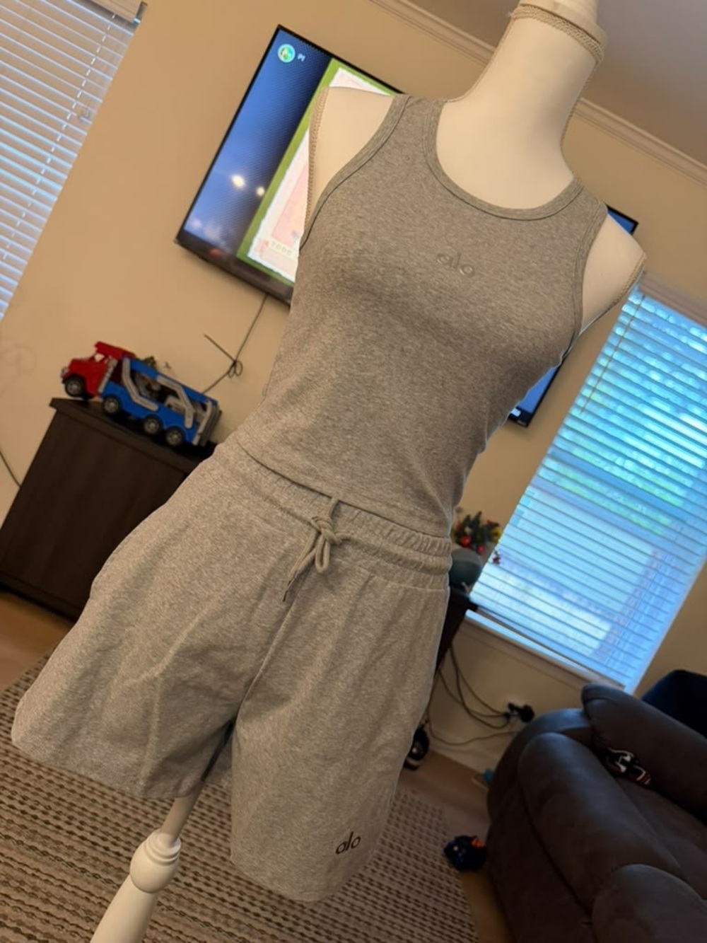Grey Ribbed Tank & Drawstring Short Lounge Set